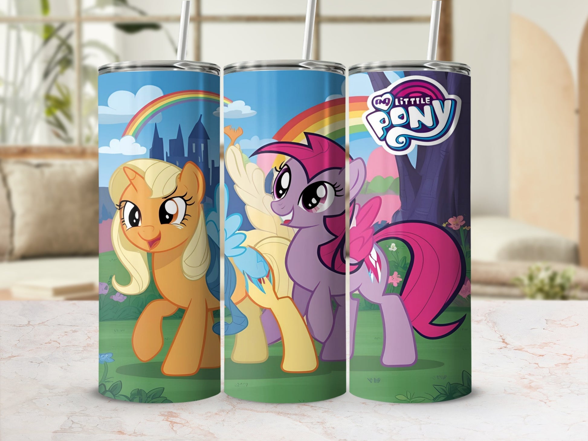 My Little Pony characters Applejack, Rainbow Dash, and Pinkie Pie on tumblers.