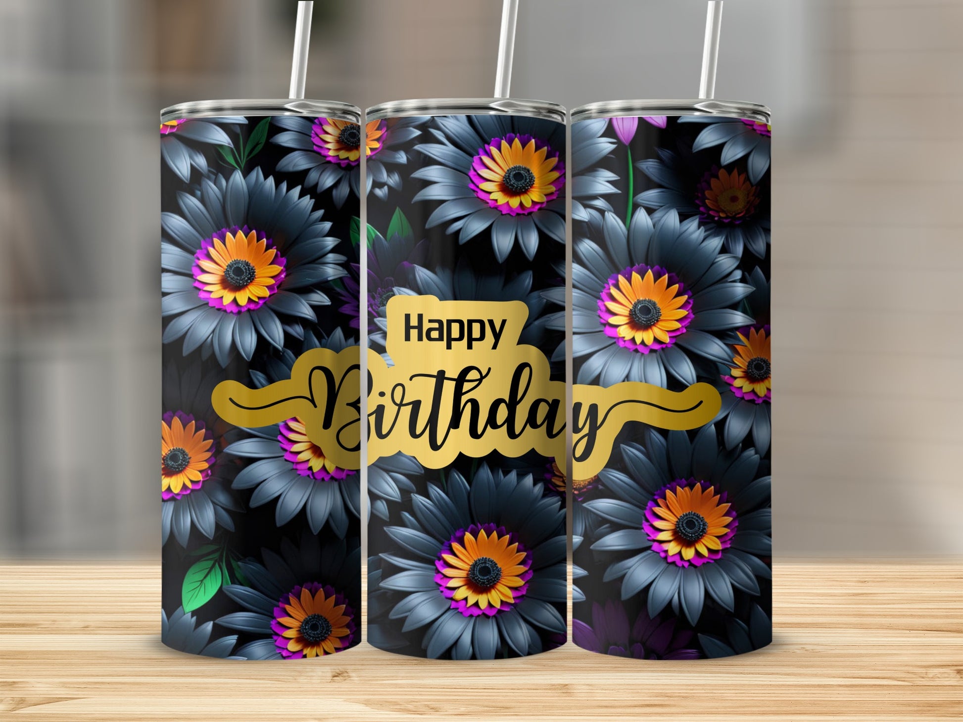 Tumbler with dark floral pattern and "Happy Birthday" text.
