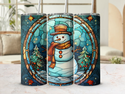 Snowman in stained glass pattern with pine trees and stars.
