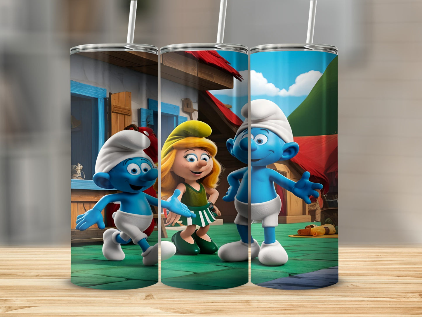 Three Smurfs and a Smurfette on a wooden table.