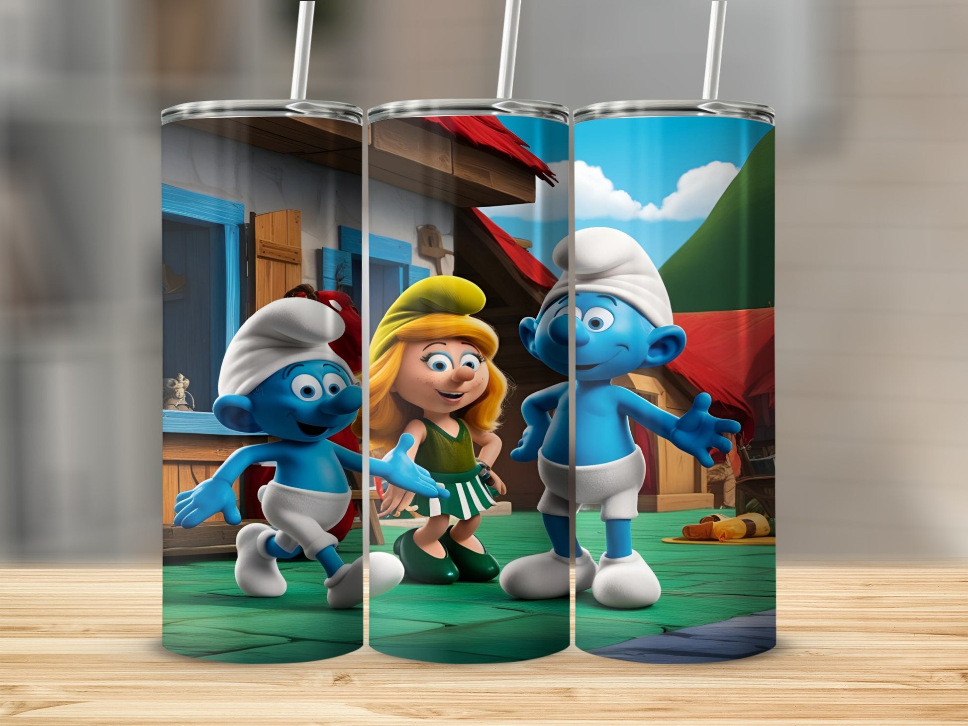 Three Smurfs and a Smurfette on a wooden table.