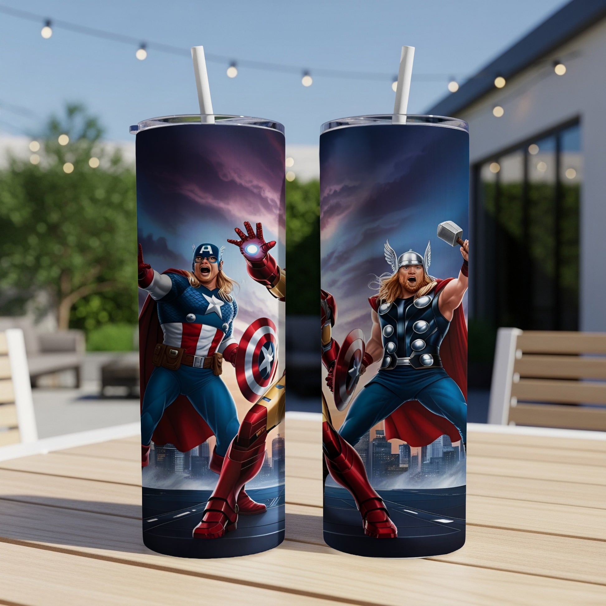 Captain America and Thor stand ready to fight, with Iron Man in the background.
