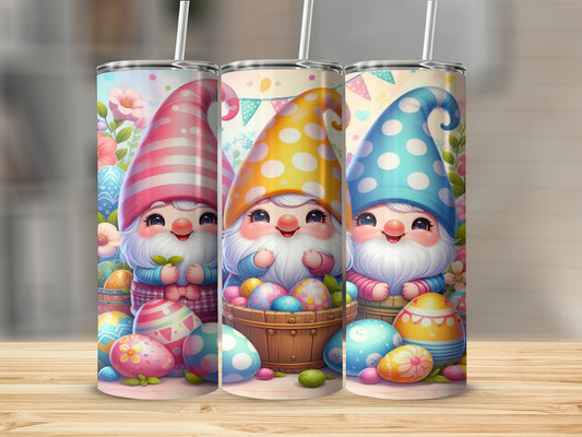 Three gnomes in Easter hats hold baskets of colorful eggs and flowers.