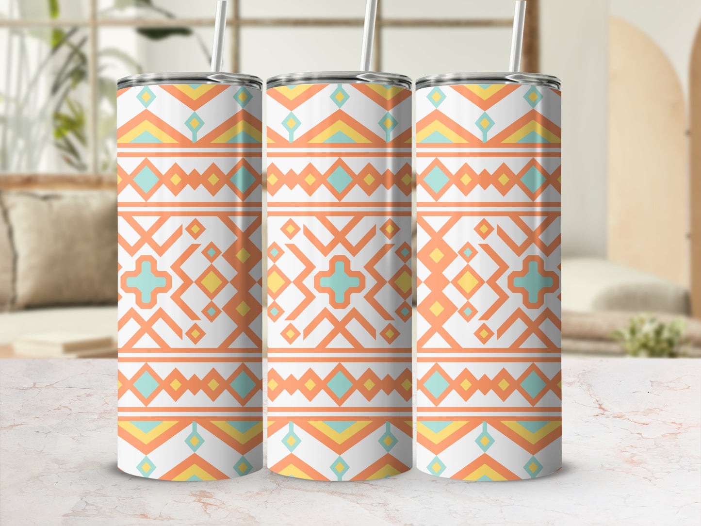 Abstract Geometric Patterned Tumbler with Straw