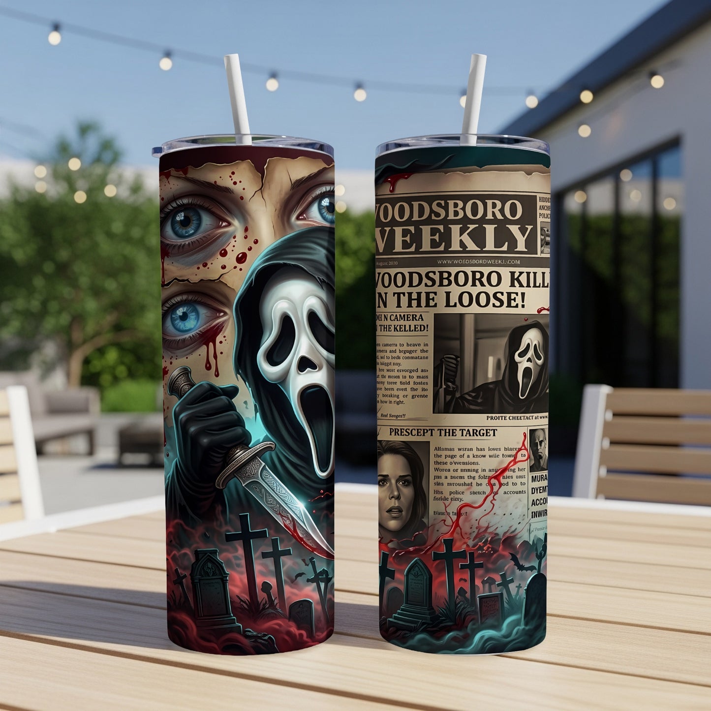 Two tumblers featuring the Ghostface killer, bloody eyes, and newspaper headlines.