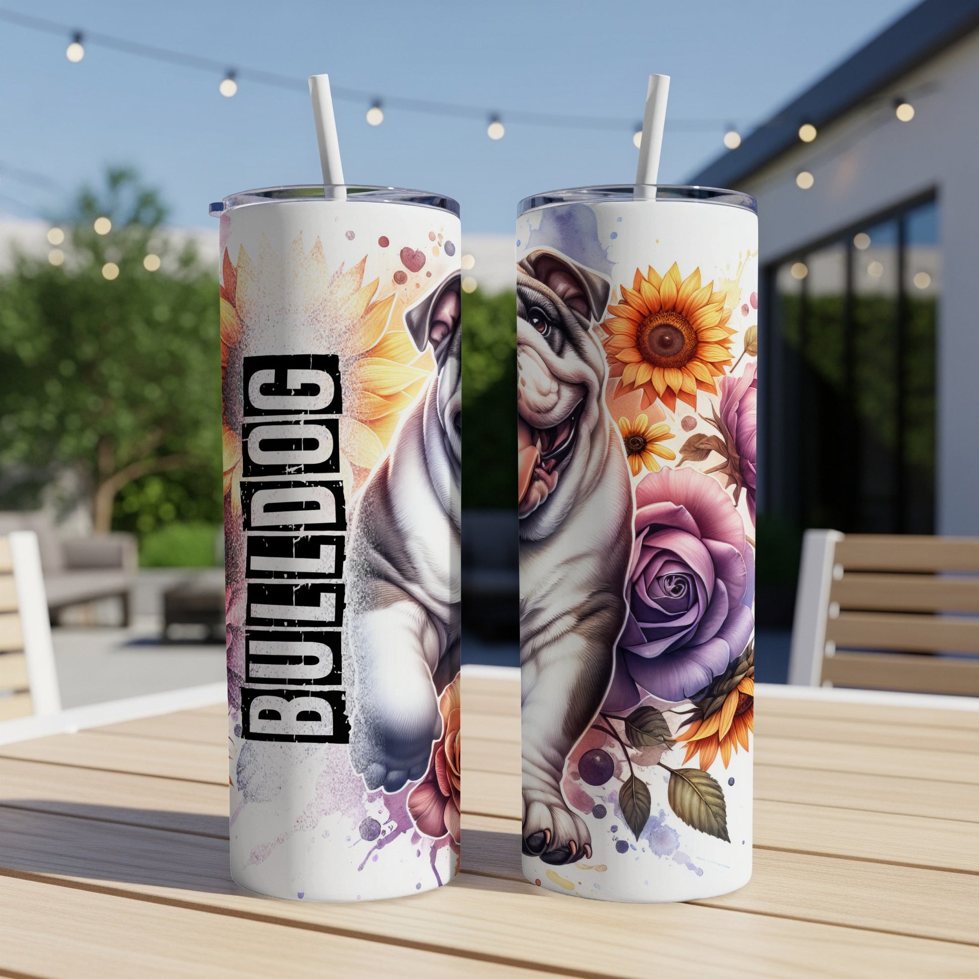 Bulldog illustration with sunflowers and roses on a white tumbler.