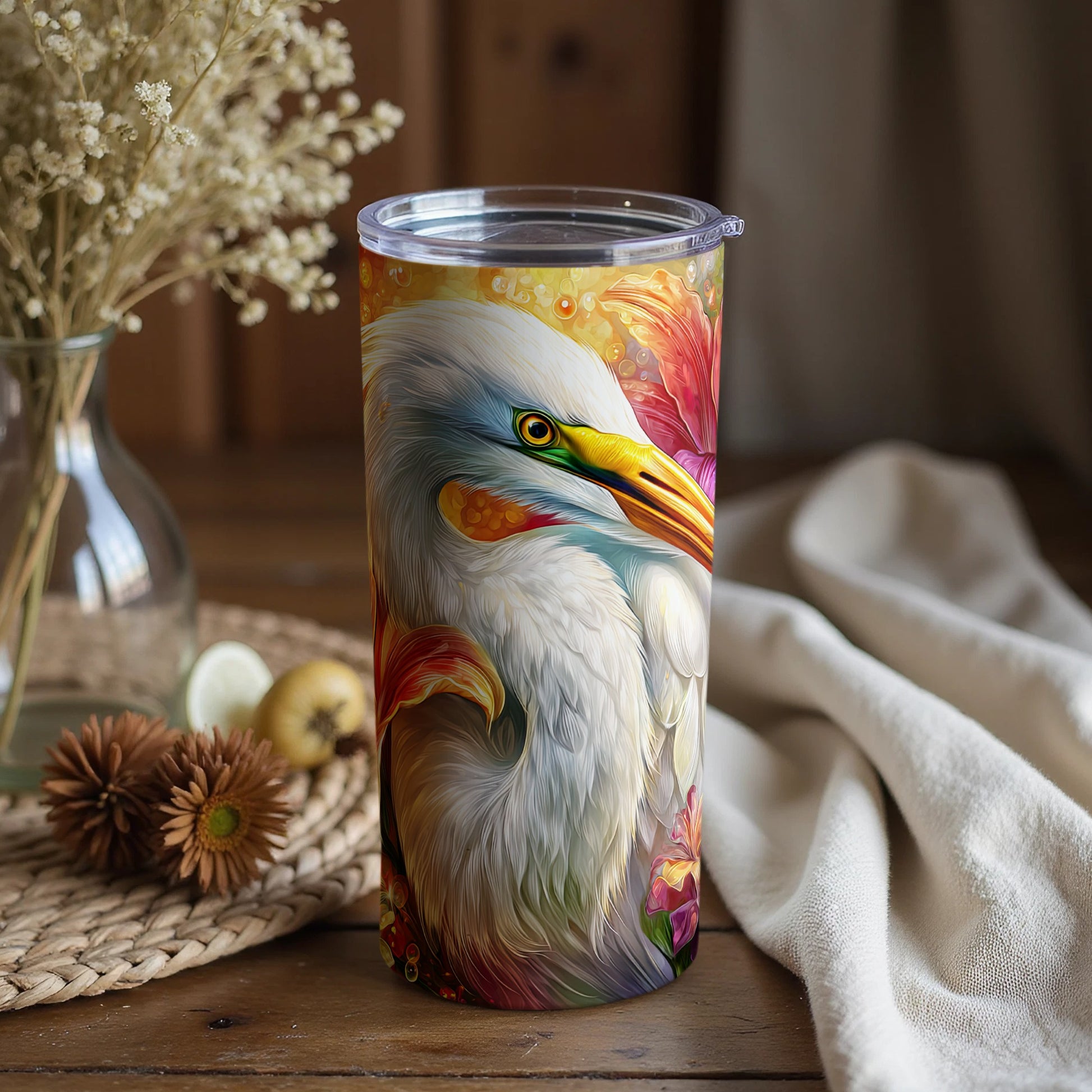 Vibrant White Heron Art Tumbler Perfect for Bird Lovers