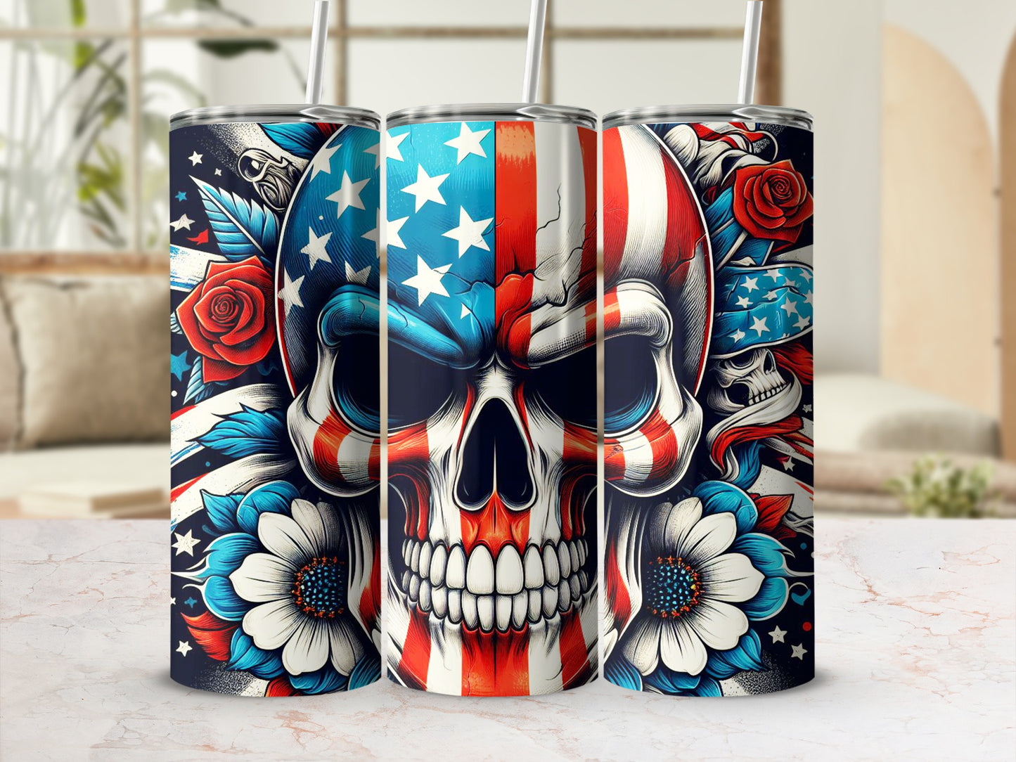 Three American flag skull tumblers with floral accents and straws.