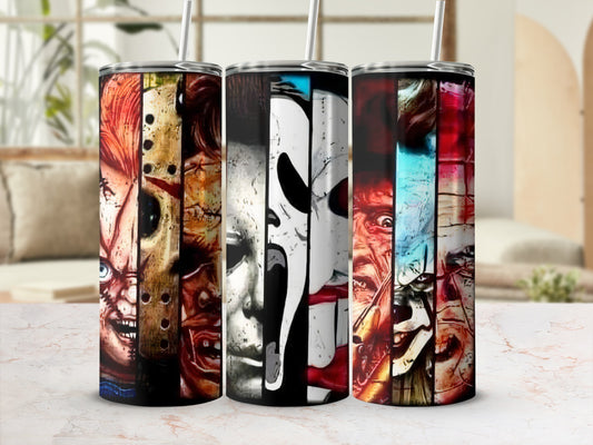 Tumbler featuring horror movie characters: Chucky, Leatherface, Michael Myers, and Freddy Krueger.