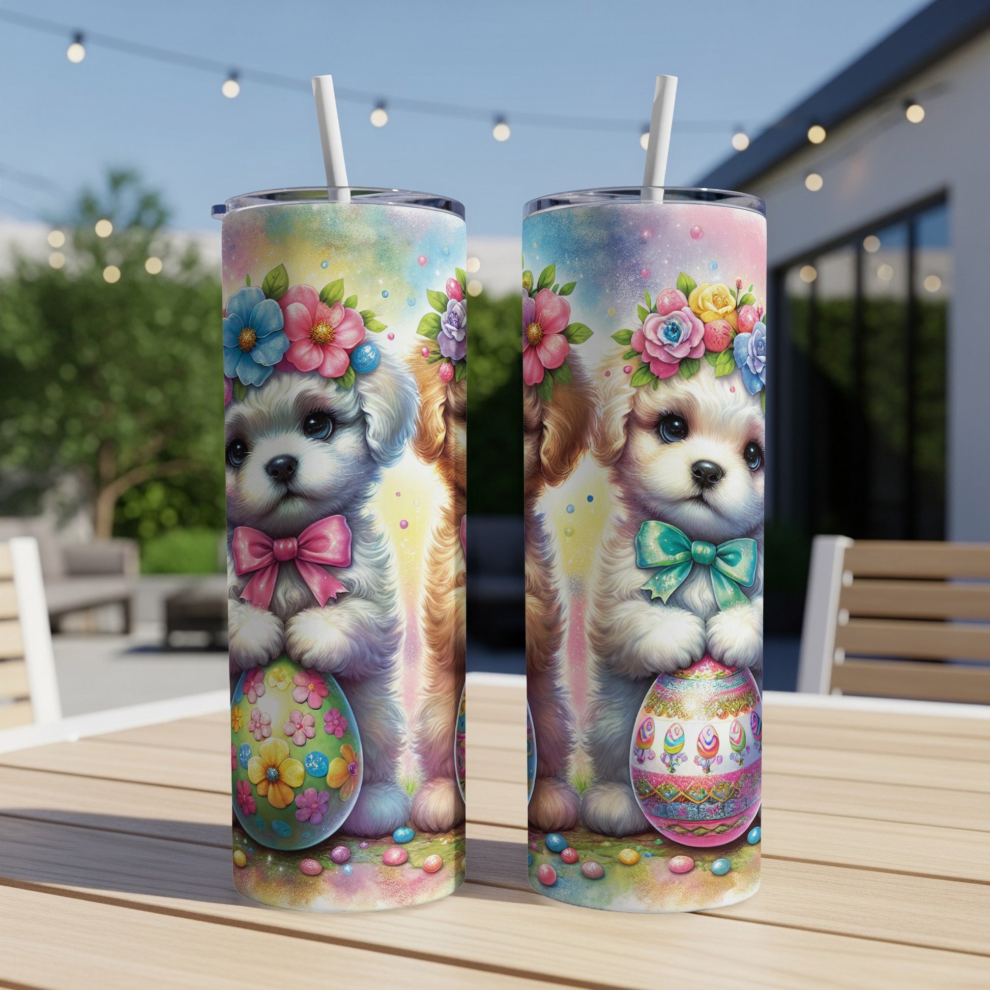 Two puppies in floral crowns hold decorated Easter eggs on colorful tumblers.