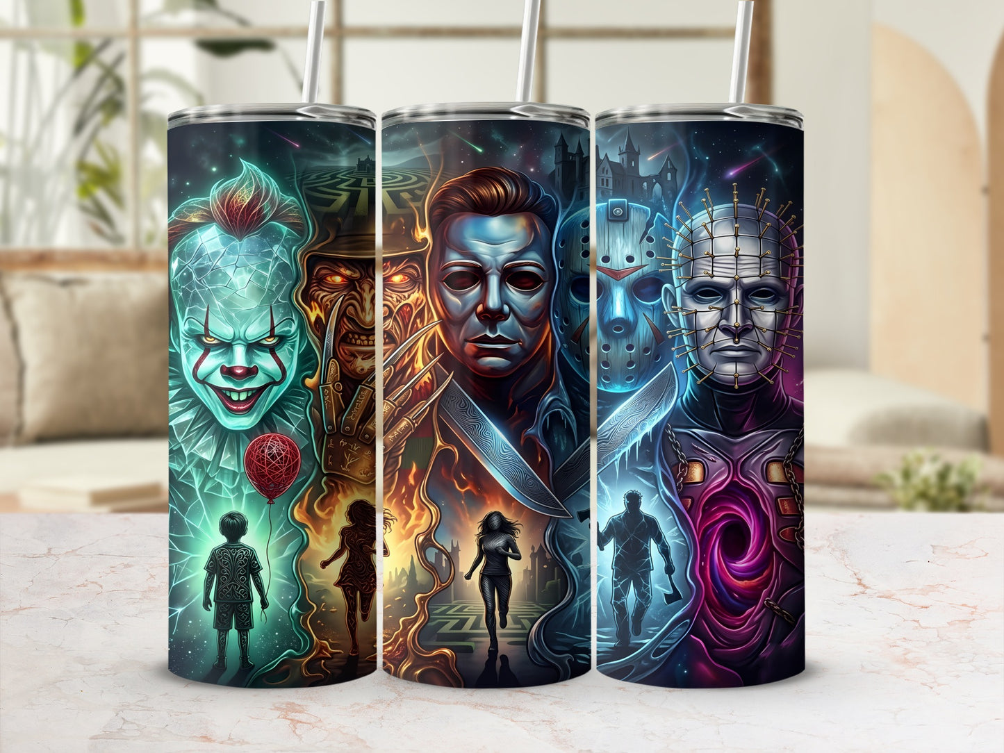 Three tumblers with horror movie villains and running figures.