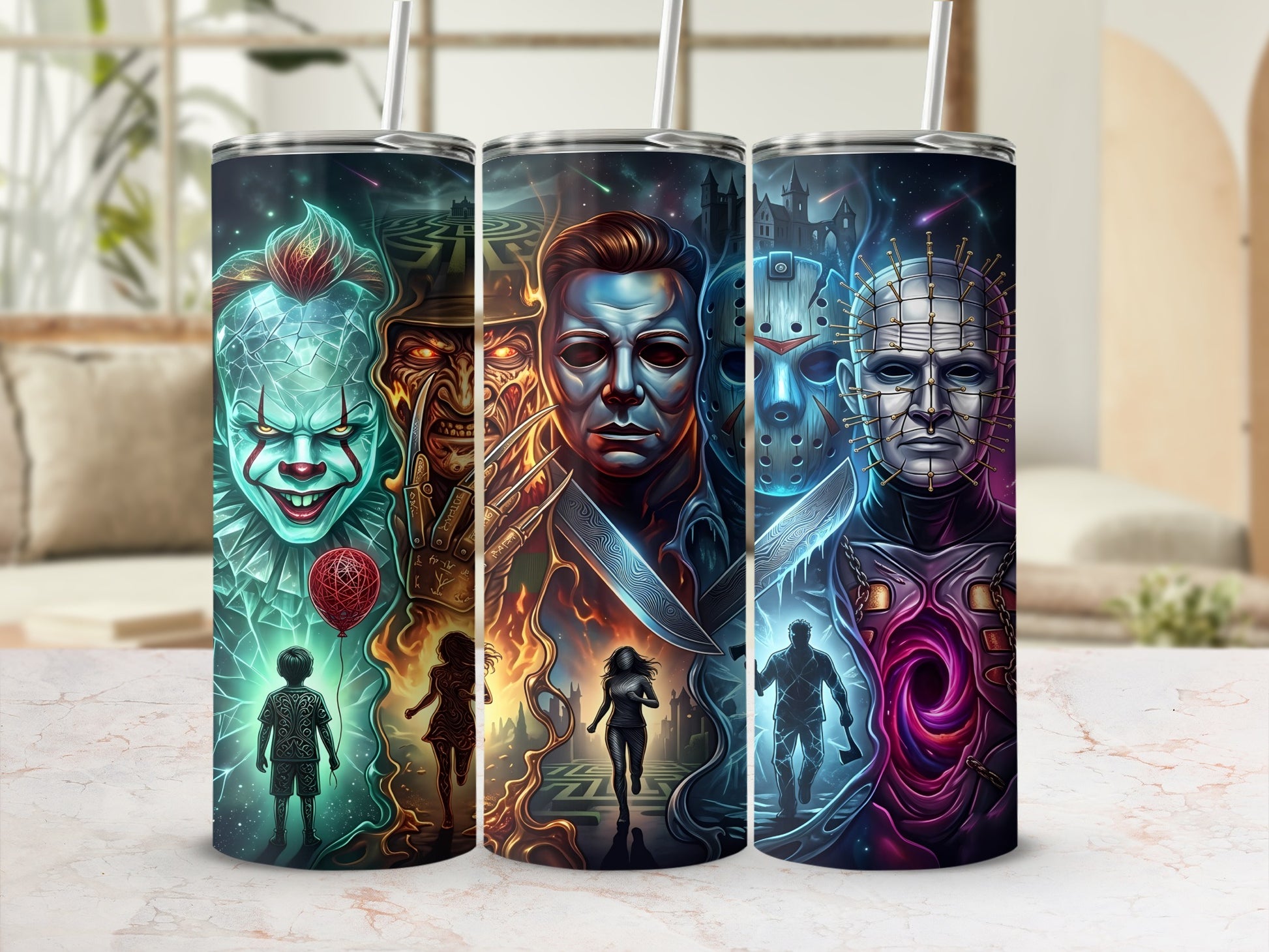 Three tumblers with horror movie villains and running figures.