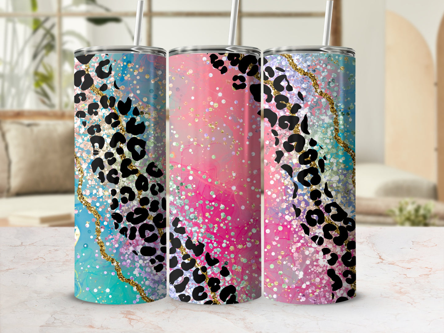 Glitter Leopard Print Tumbler with Straw for Drinks
