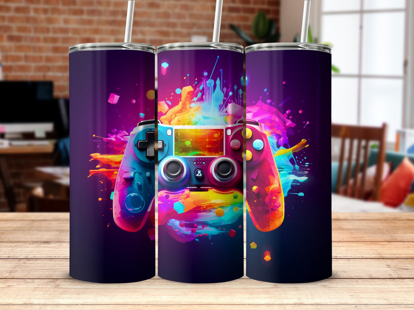 Vibrant gaming controller art design tumbler product