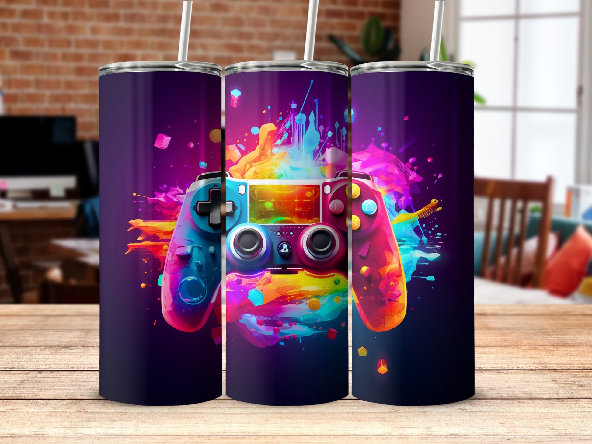 Vibrant gaming controller art design tumbler product