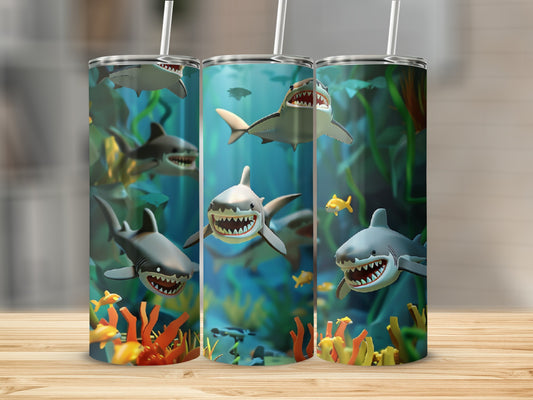 Three cartoon sharks swim in colorful underwater scene with coral and small fish.