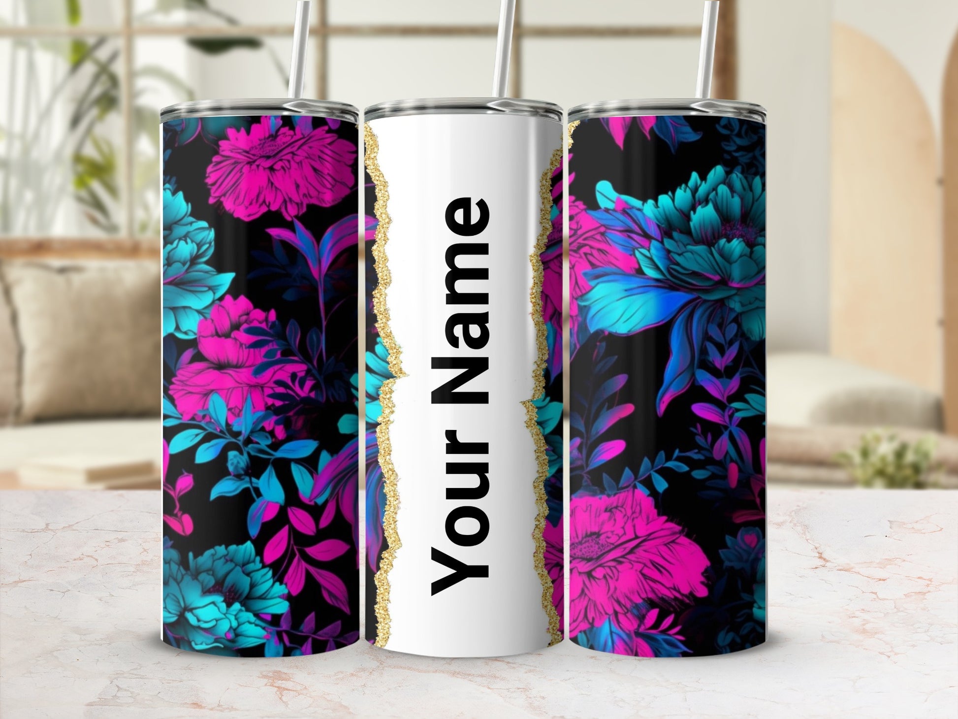 Personalized Neon Floral Design Tumbler with Custom Name