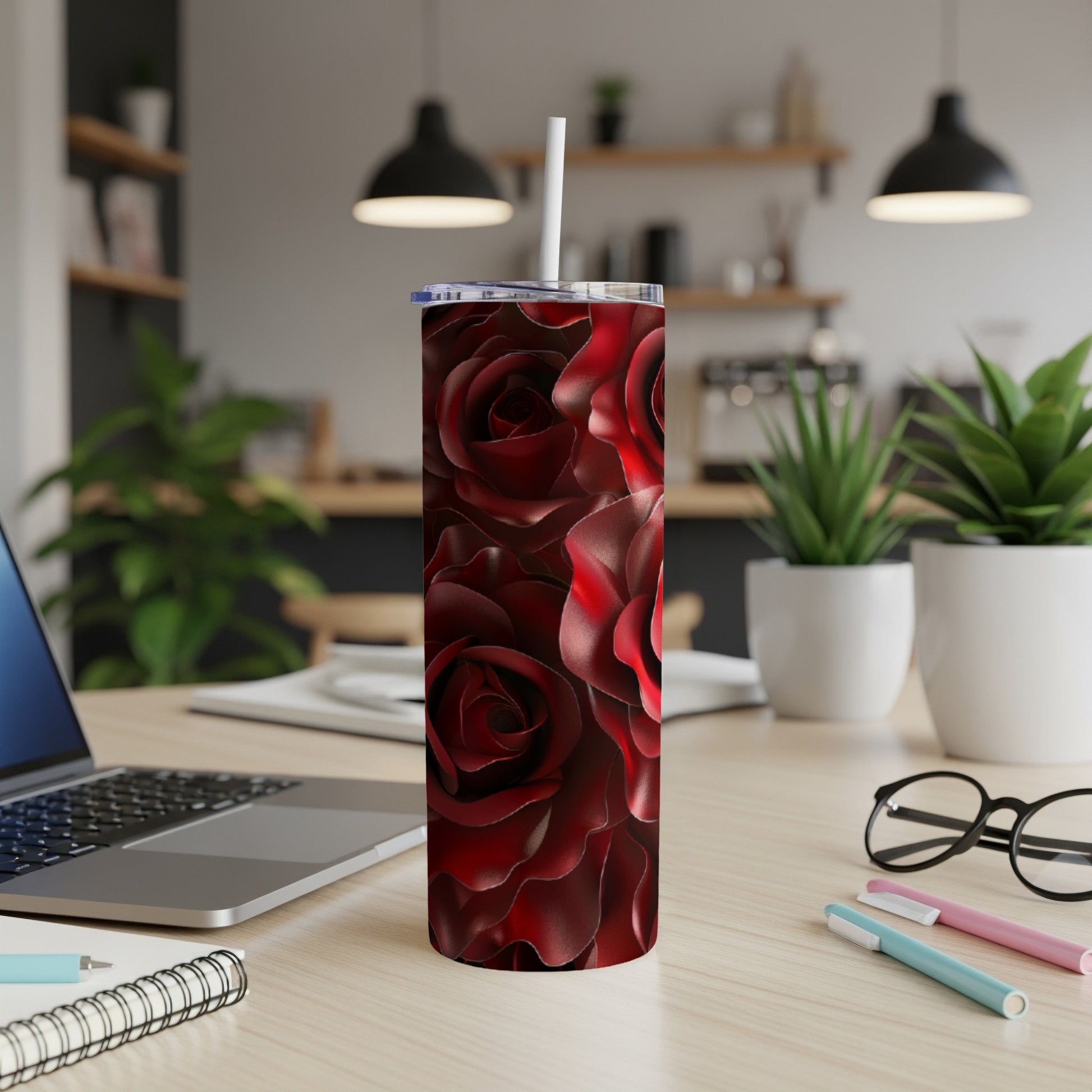Dark red roses pattern on a skinny tumbler with a straw.
