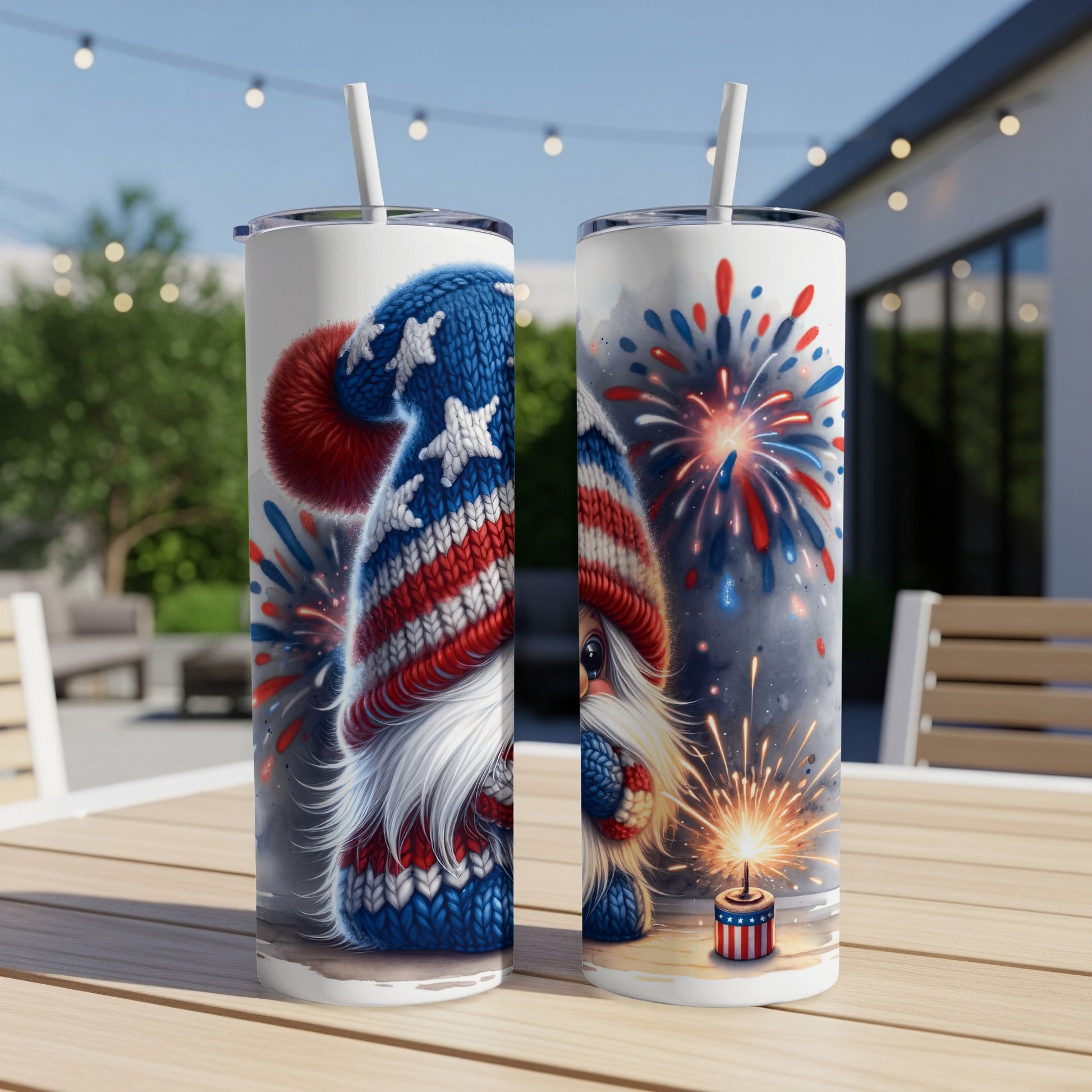 Two red, white, and blue patriotic gnome tumblers with fireworks and a candle.