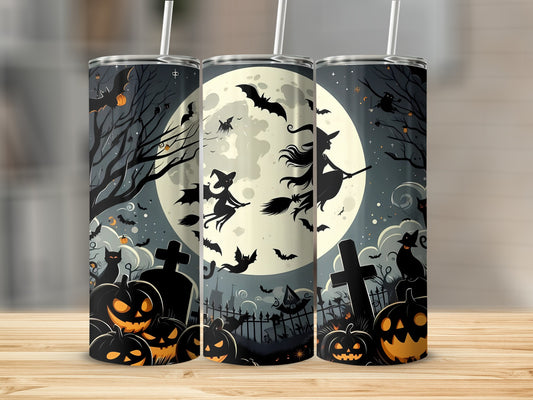 Halloween tumblers with witches, bats, pumpkins, and gravestones against a full moon.