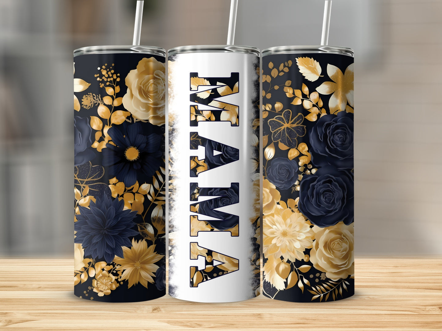 Tumbler with navy and gold floral design and "MAMA" text.