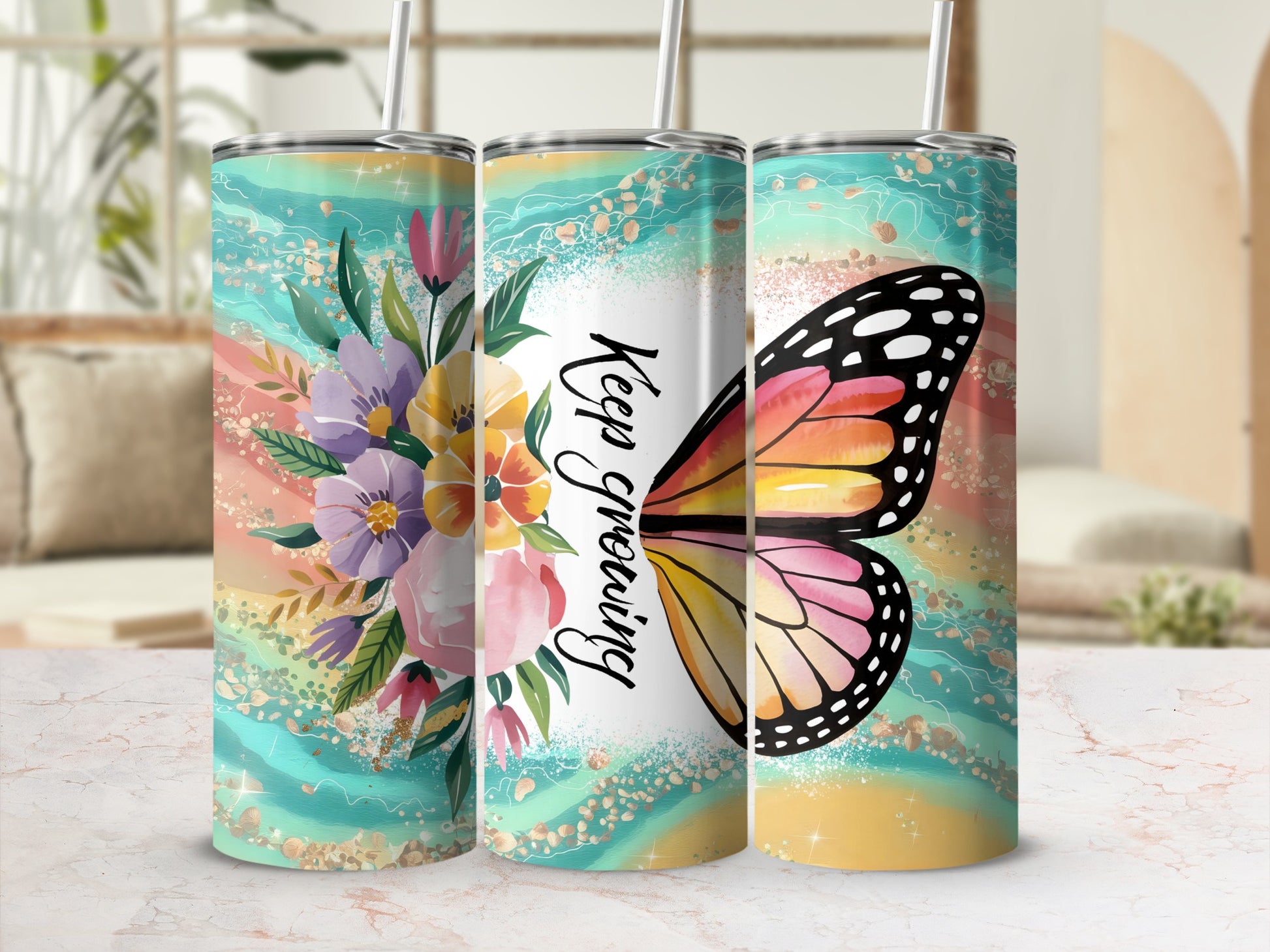 Colorful Floral and Butterfly Tumbler Keep Growing Design