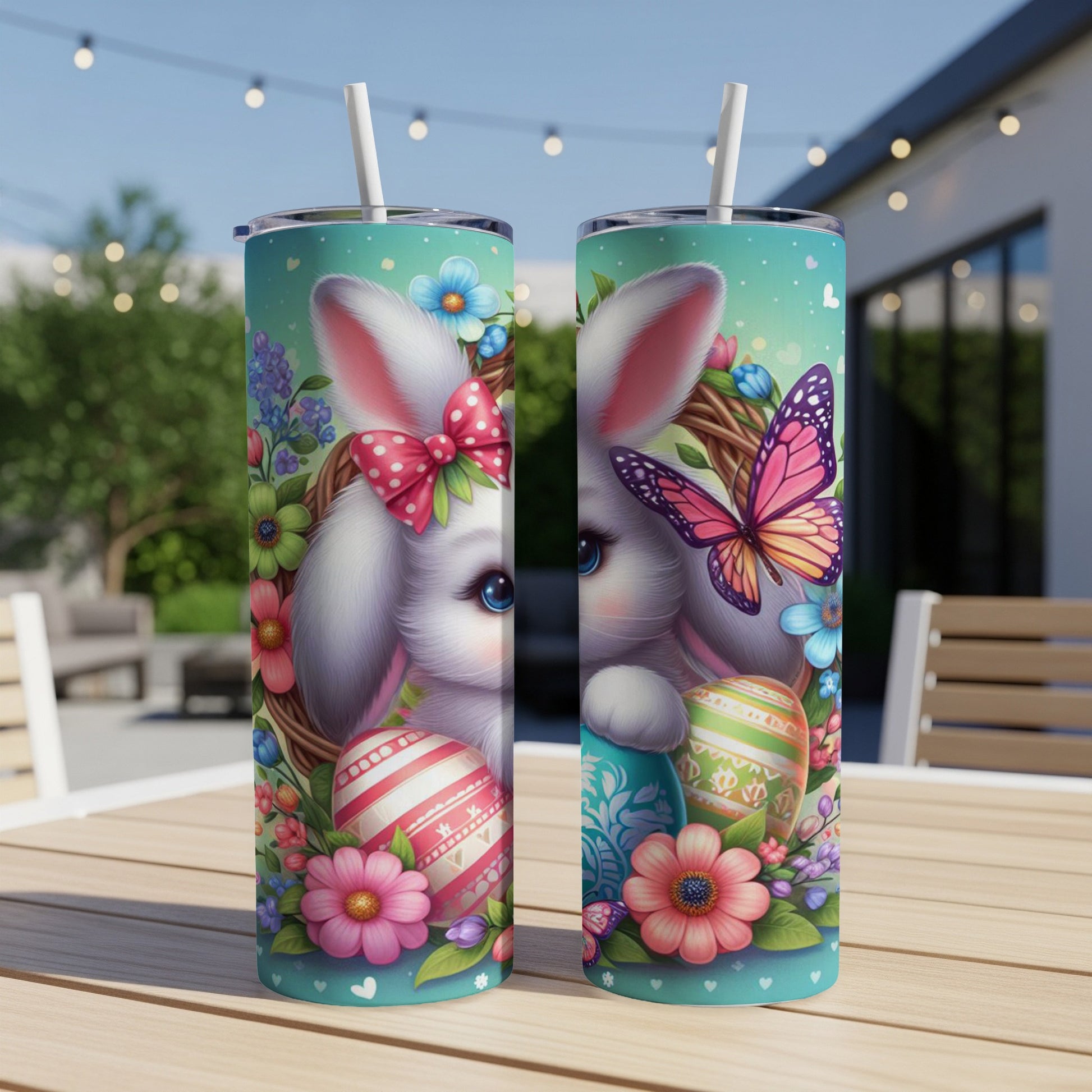 Easter bunny and eggs themed tumblers with floral and butterfly accents.