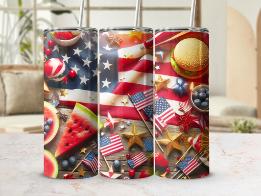 Three tumblers with American flag, watermelon, burger, and stars designs.