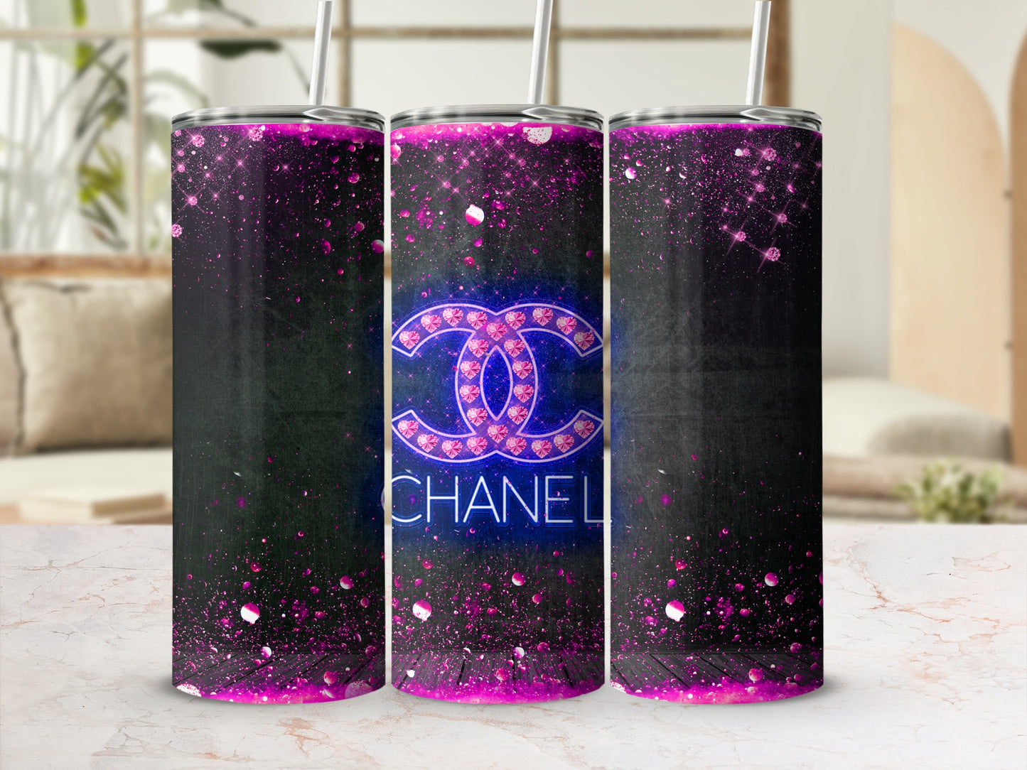 Glitter Neon Chanel-Inspired Tumbler Cup Design