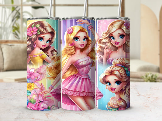 Three cartoon girls in colorful dresses with floral accents on patterned backgrounds.