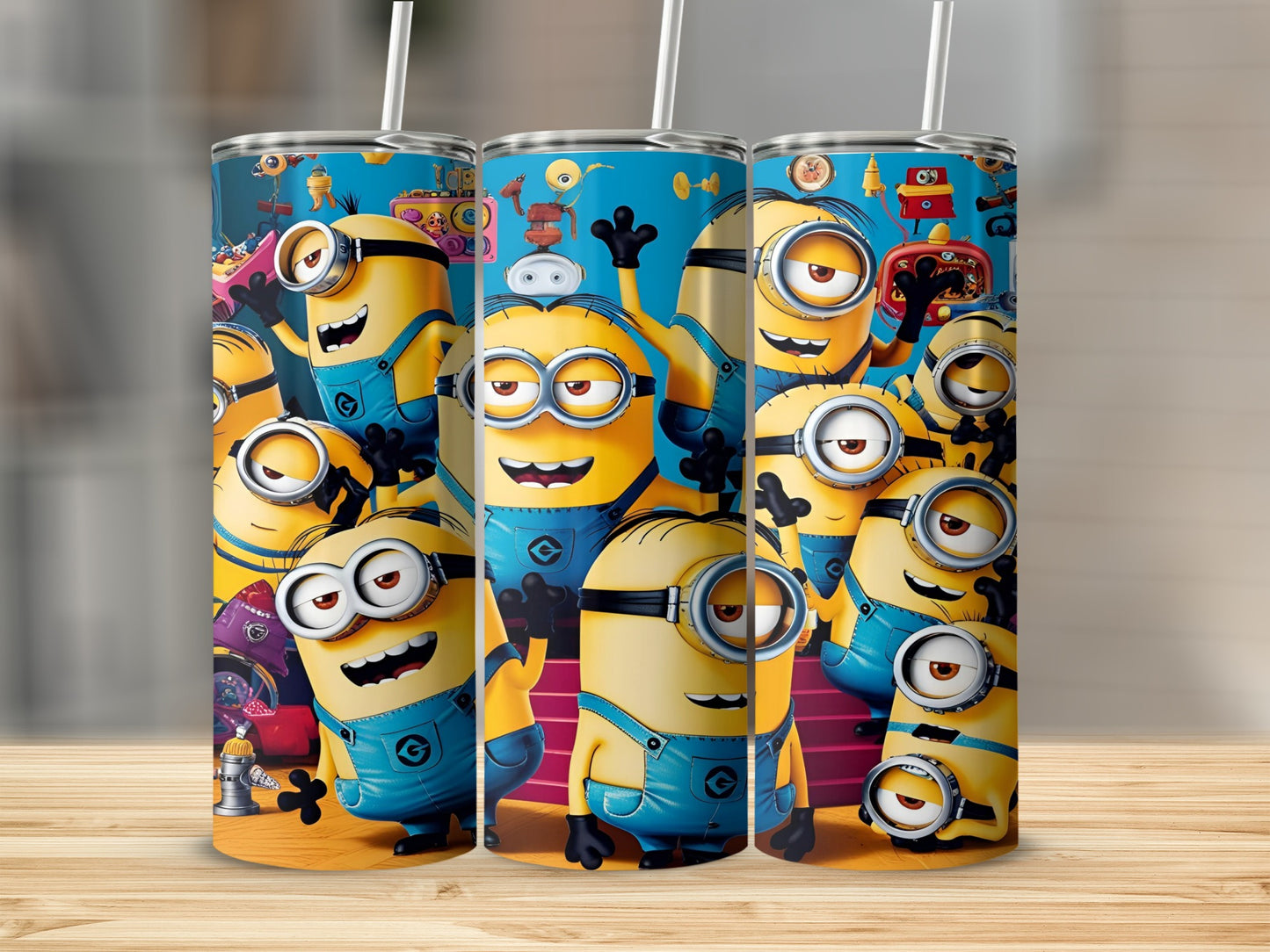 Multiple Minions from Despicable Me on a tumbler.