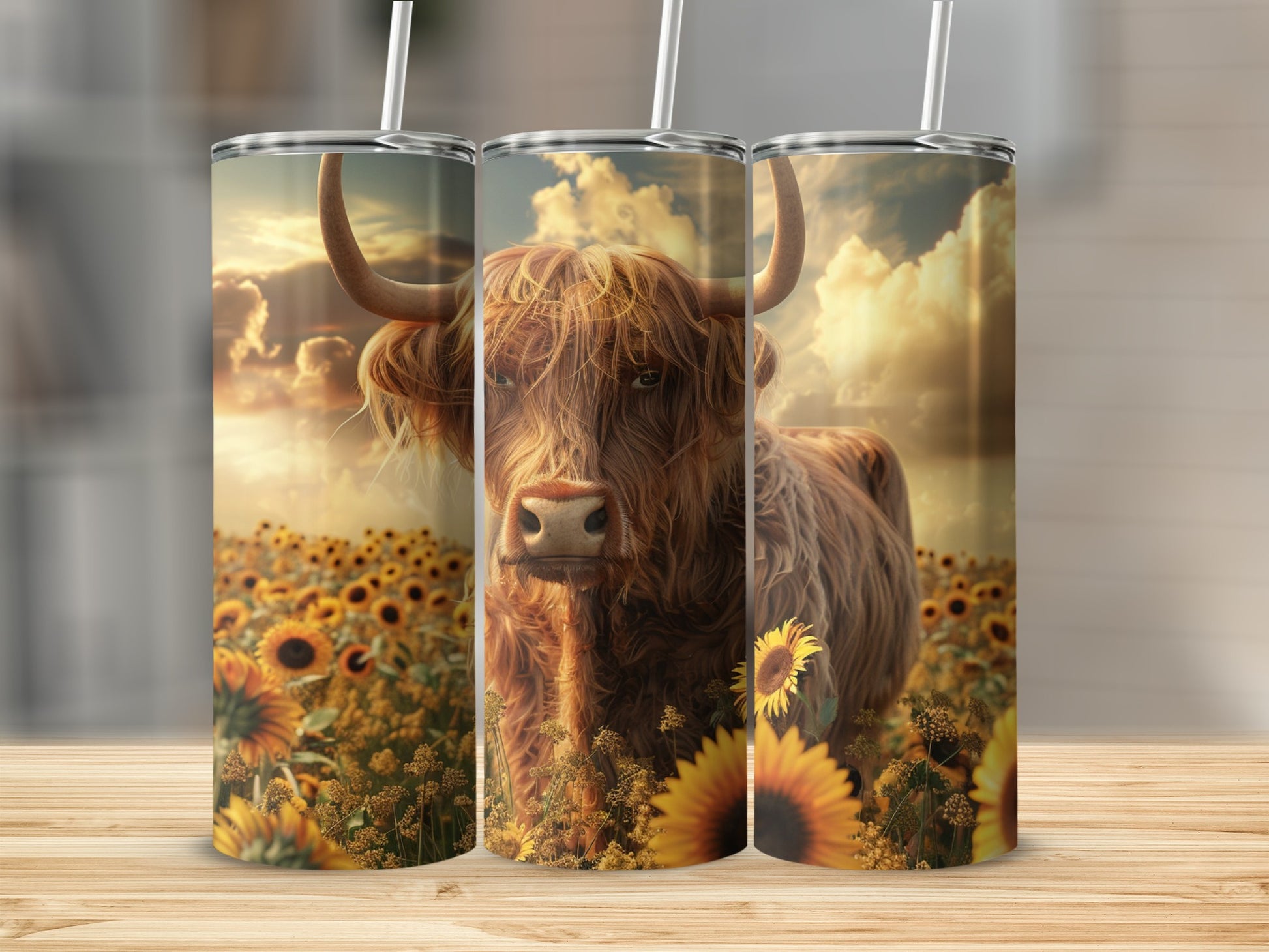 Highland cow with sunflowers and dramatic sky, on a tumbler.