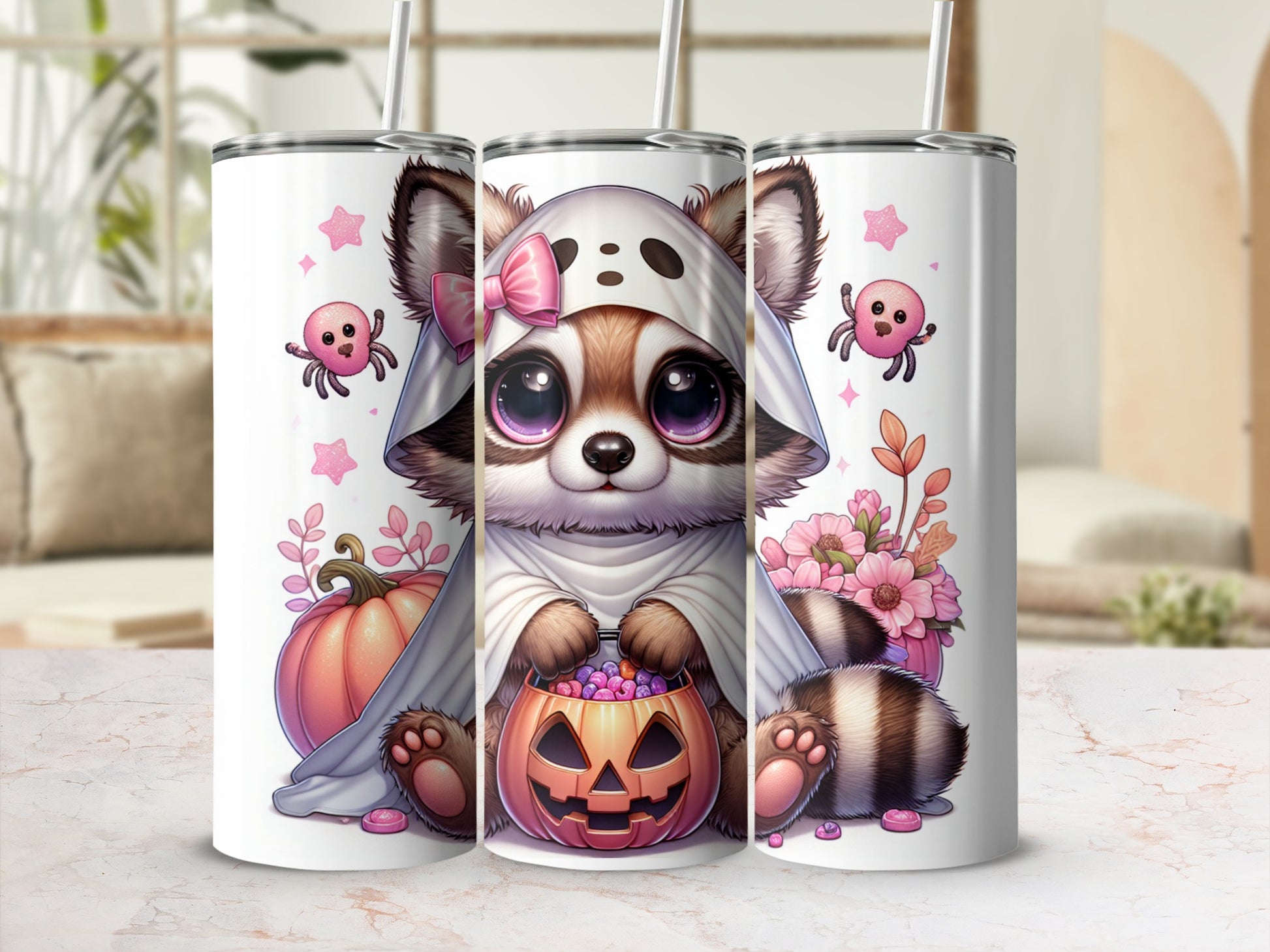 Cute raccoon in ghost costume holding jack-o'-lantern filled with candy on a tumbler.