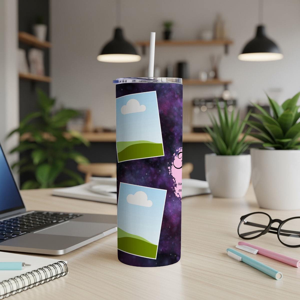 Tumbler with purple galaxy design and two photo placeholders.