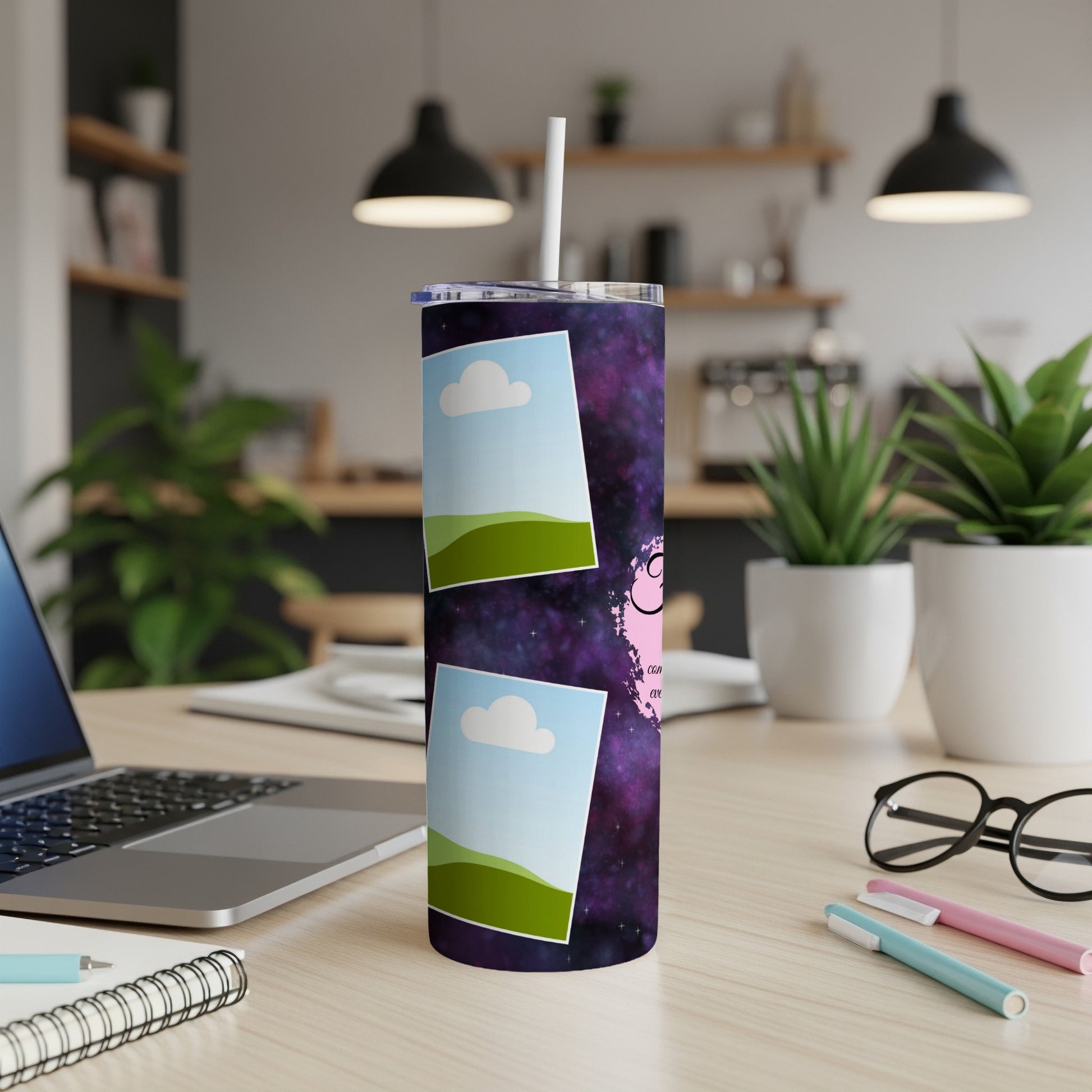 Tumbler with purple galaxy design and two photo placeholders.