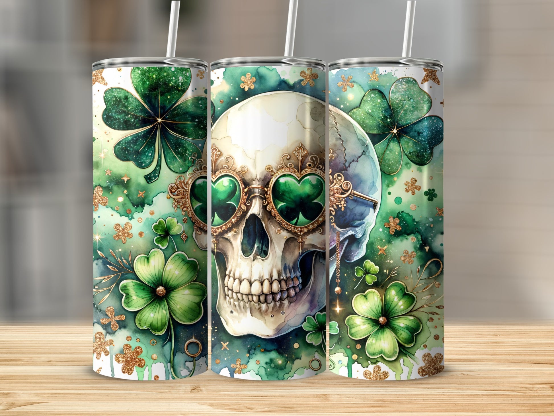 Skull with green heart-shaped sunglasses and shamrocks on a tumbler.