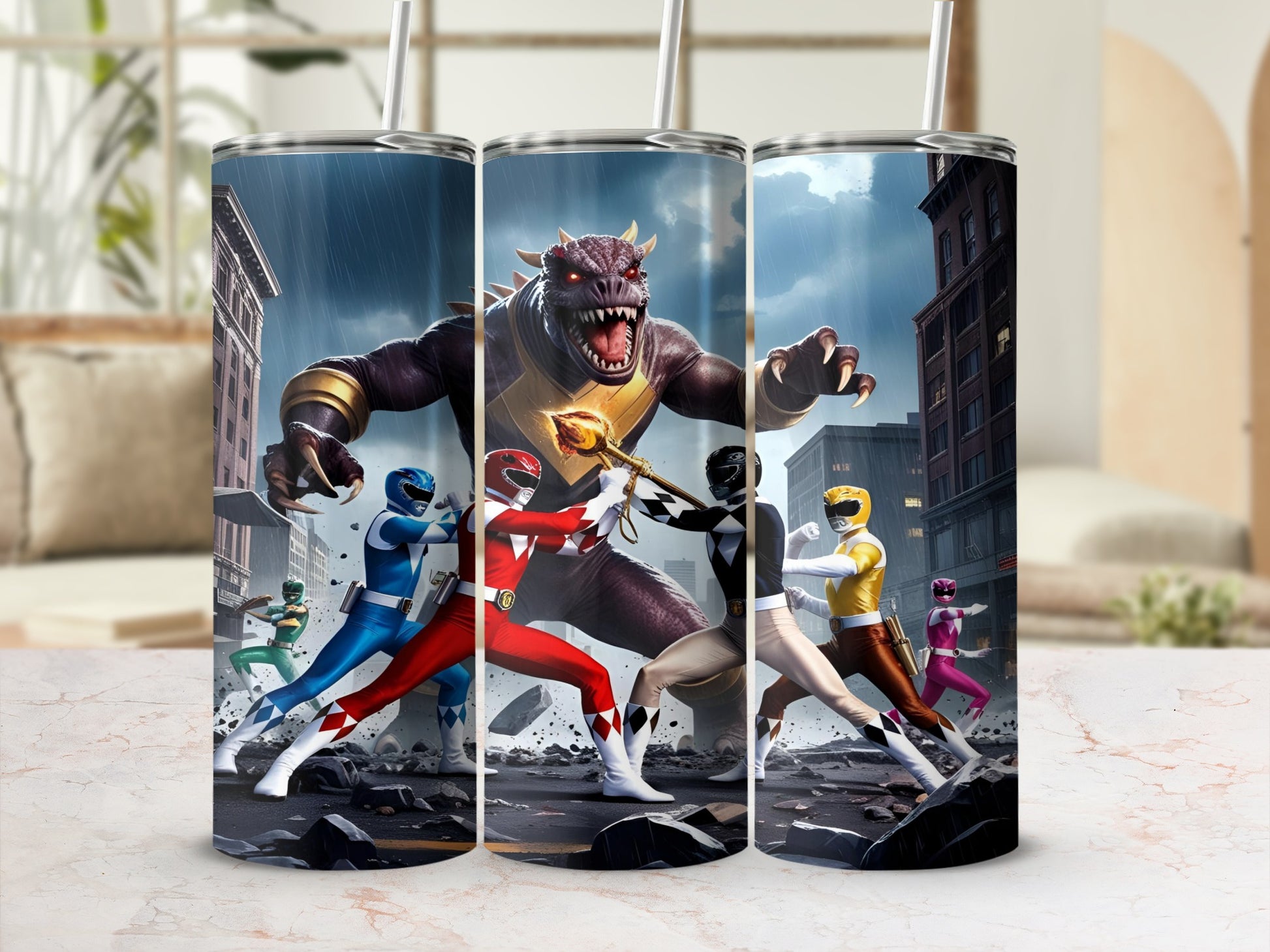 Power Rangers fighting a monster in a city.