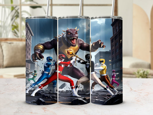 Power Rangers fighting a monster in a city.