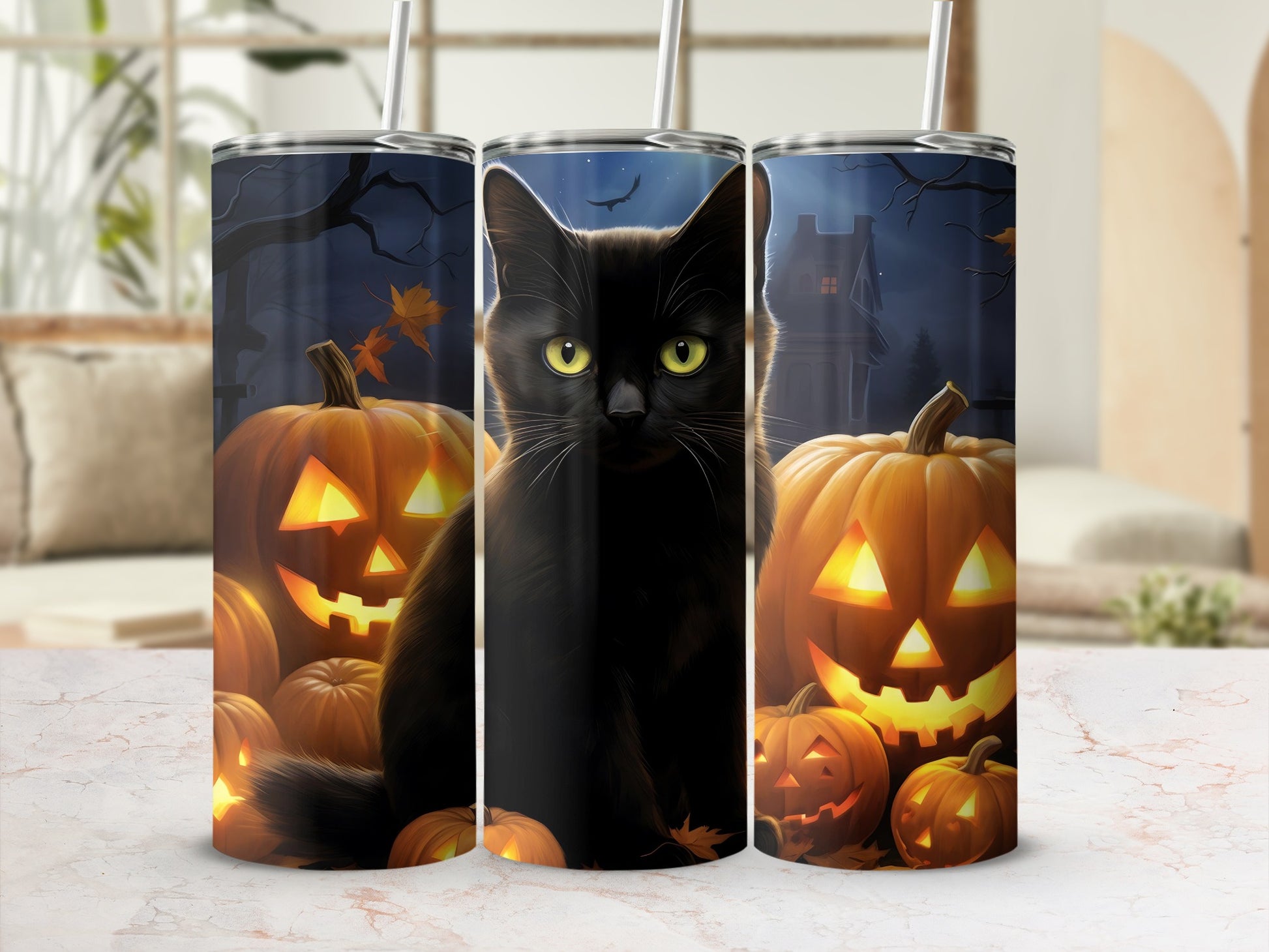 Black cat with yellow eyes sits among glowing jack-o'-lanterns and autumn leaves.