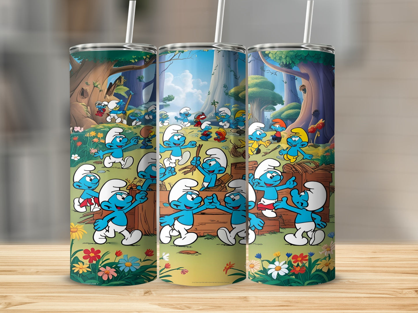 Smurfs in a forest scene on three tumblers.