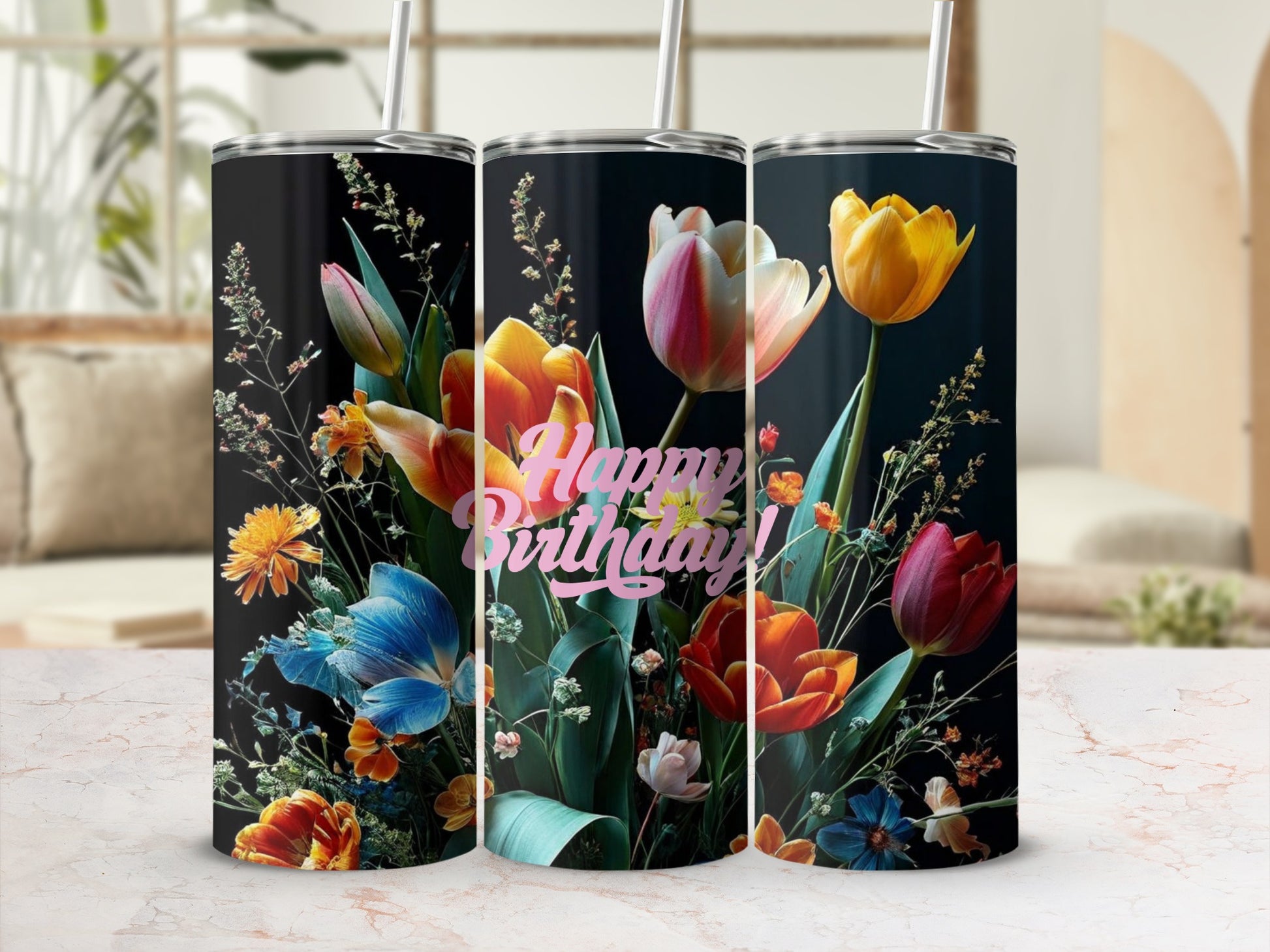 Black tumbler with colorful tulips and "Happy Birthday!" text.