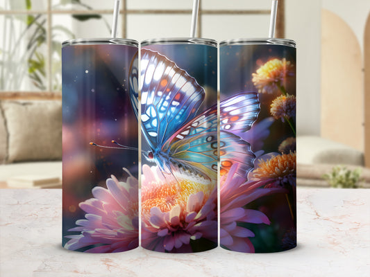 Blue butterfly on pink flower, digital art tumbler mockup.