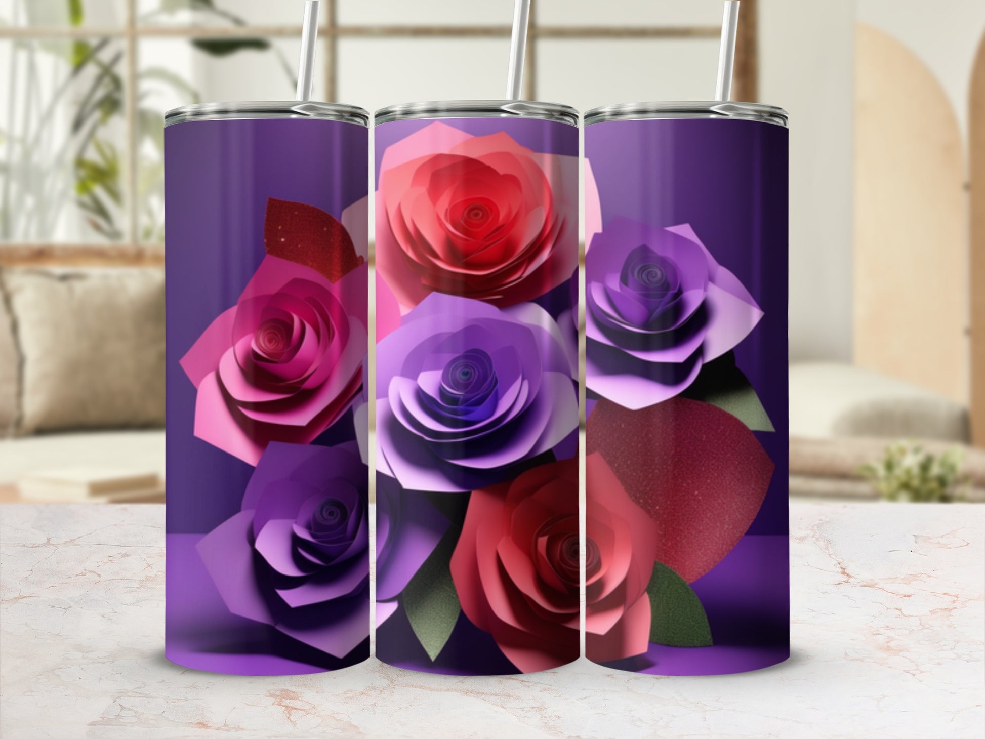 Purple tumbler with a vibrant floral design of red and pink roses.