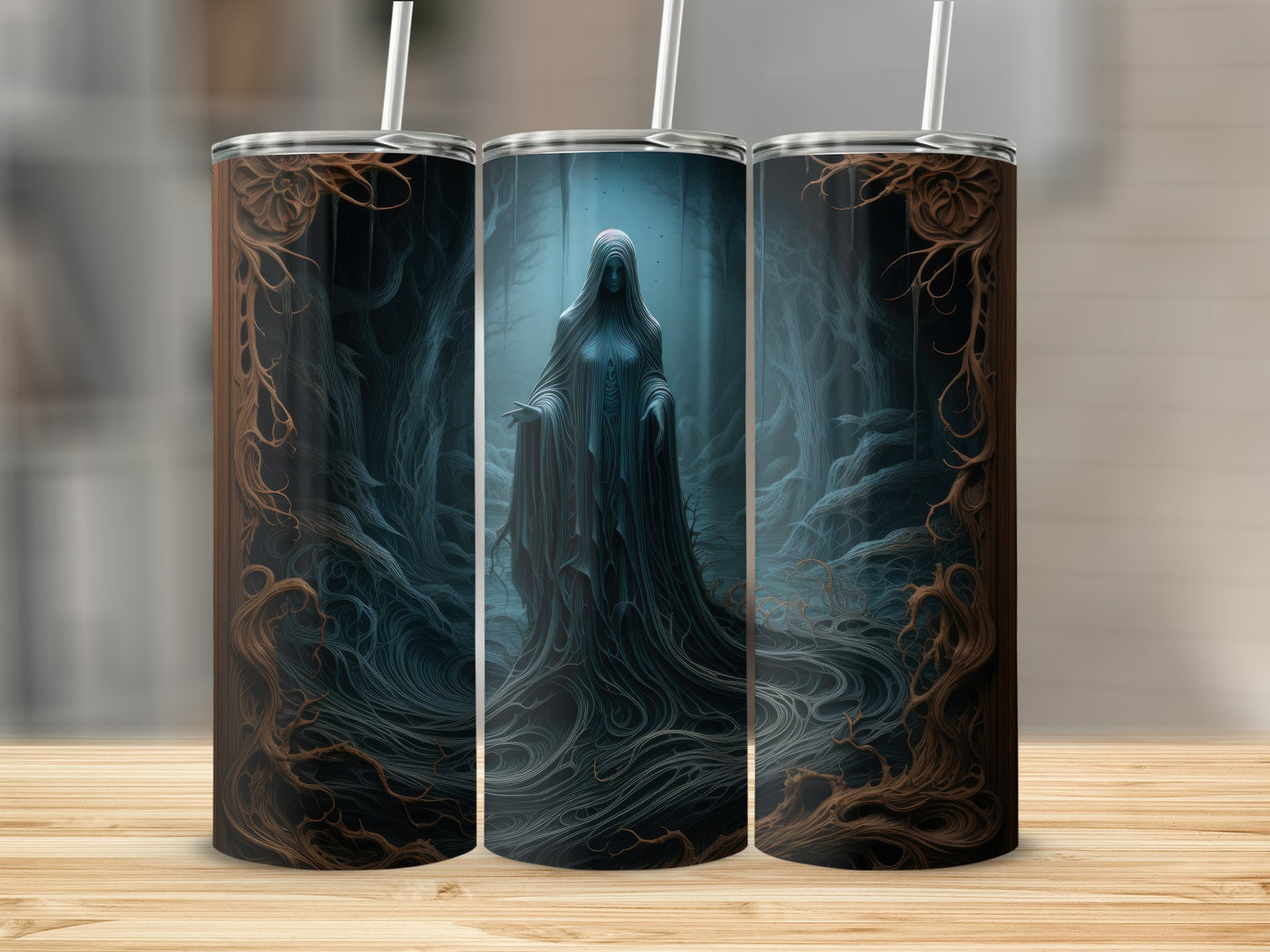 Tumblers with a dark, spooky forest design featuring a hooded figure.