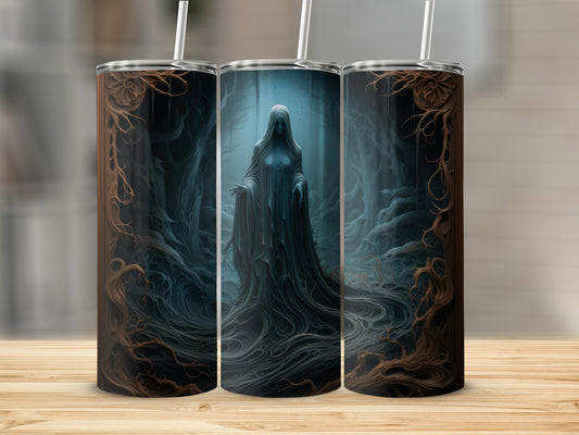 Tumblers with a dark, spooky forest design featuring a hooded figure.
