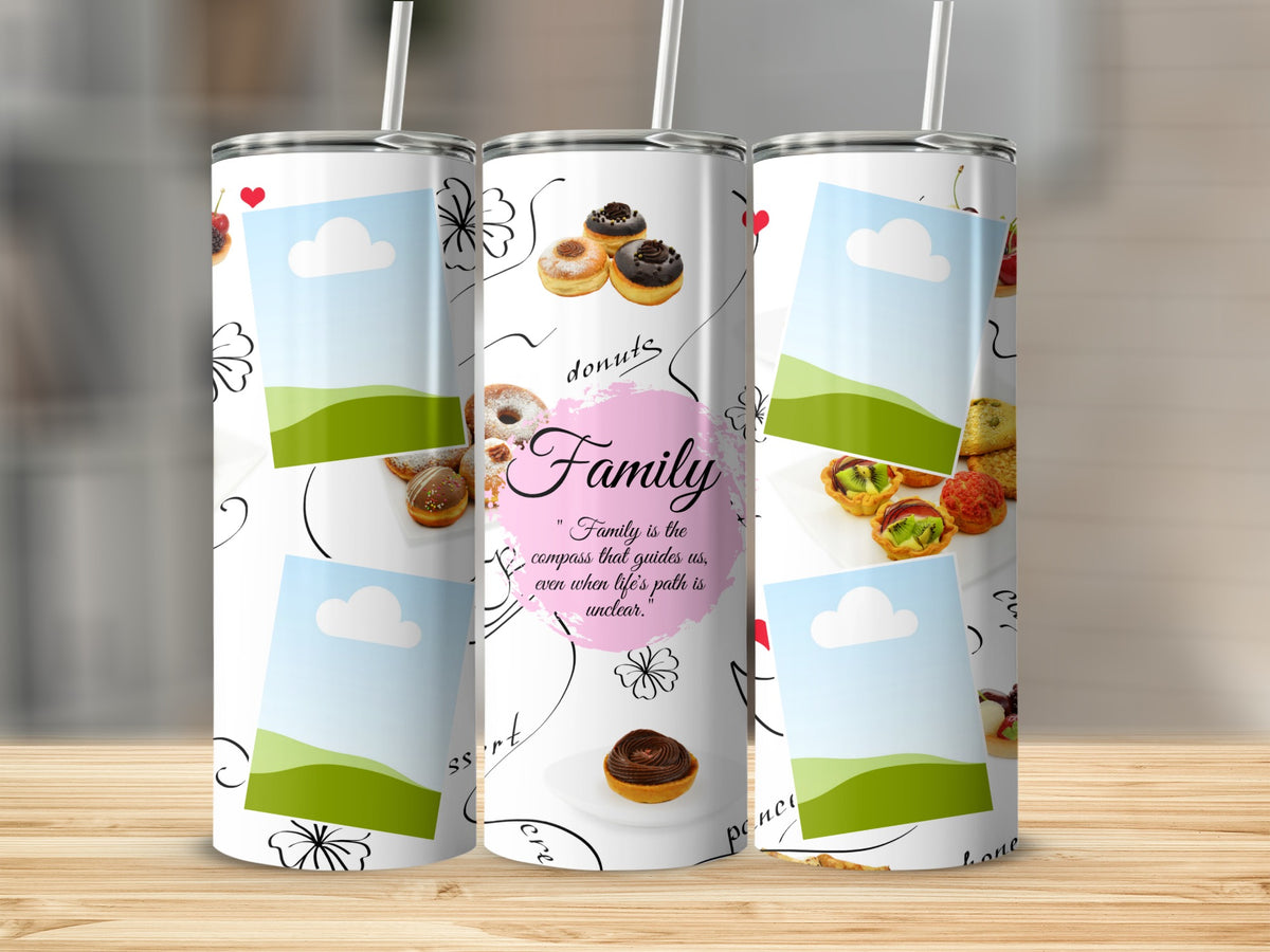 Tumbler with donuts, pastries, and "Family" quote on a white background.
