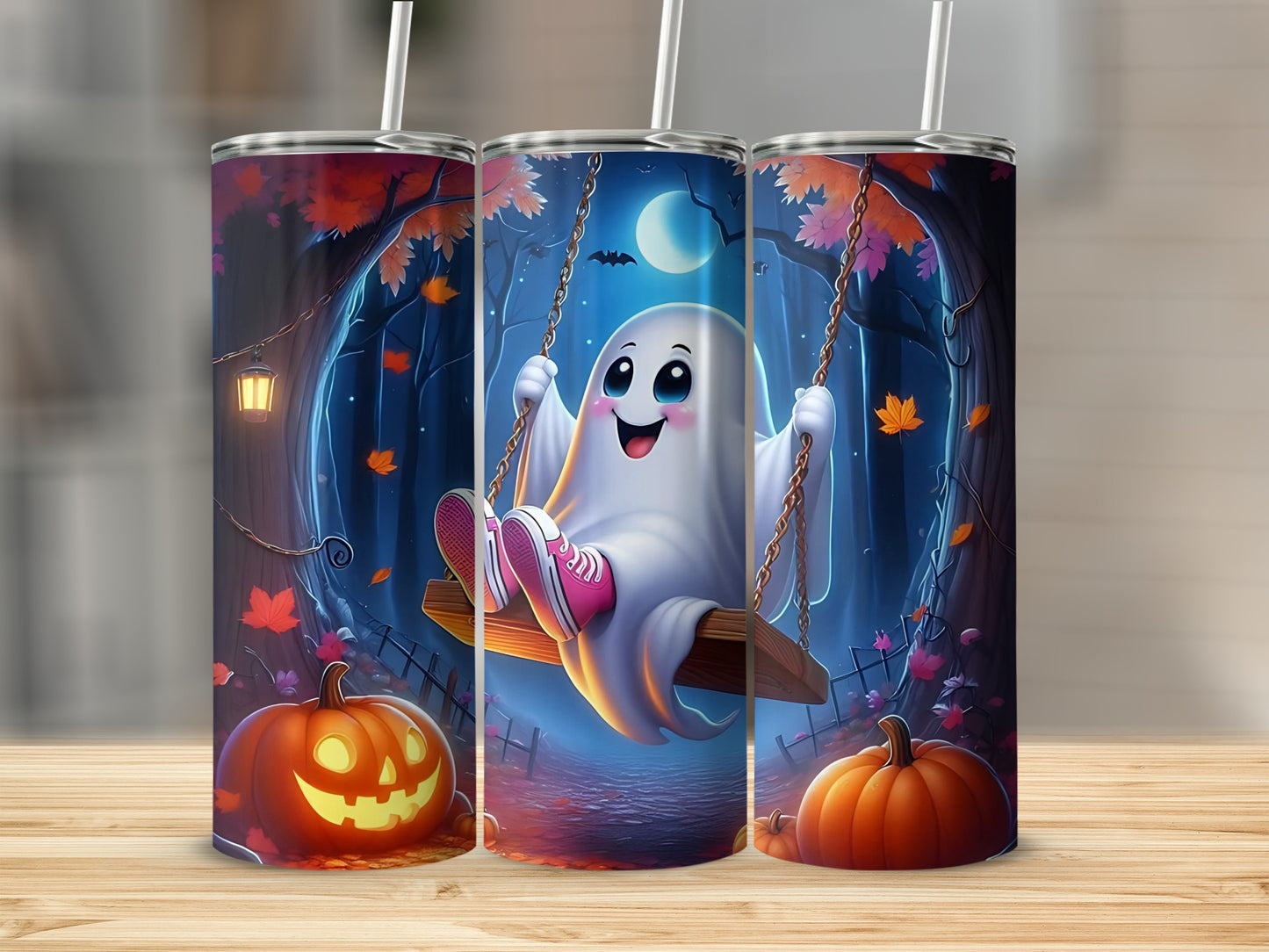 Cute ghost on a swing with pumpkins under a full moon and autumn trees.
