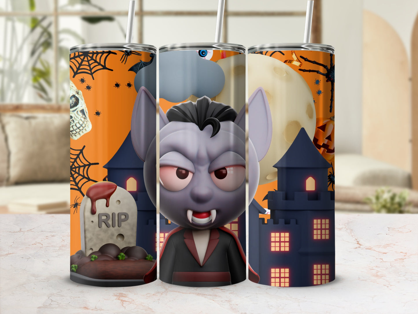 Three Halloween-themed tumblers featuring a vampire, graveyard, and castle.