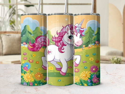 Three tumblers featuring a cartoon unicorn in a colorful meadow with flowers.