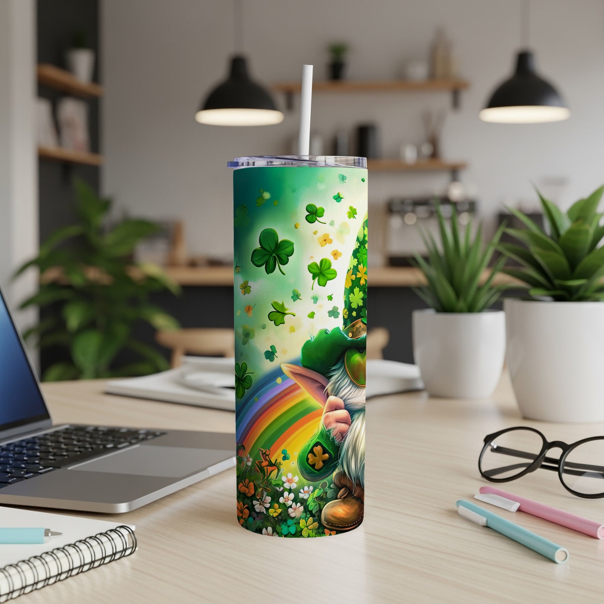 Green tumbler with St. Patrick's Day gnome, shamrocks, and rainbow.